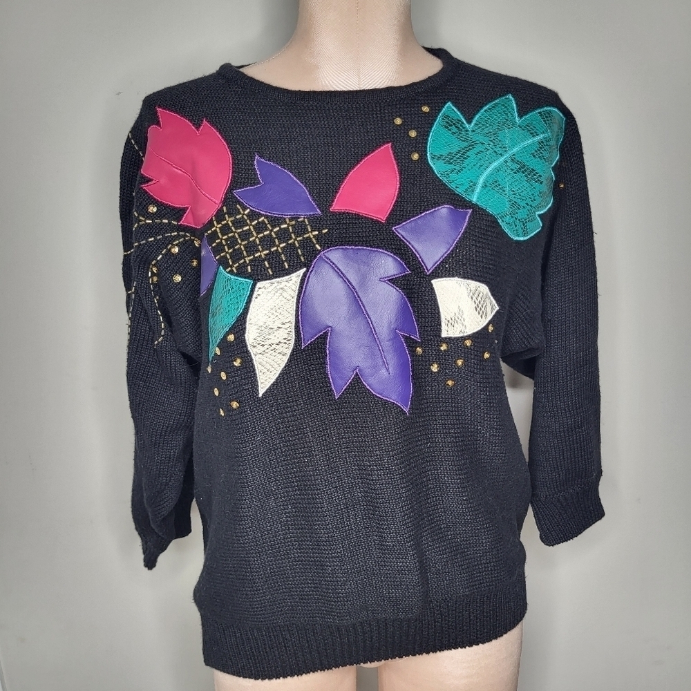 Vintage 80's Diversity Black Colorful Sweater Womens Size Large